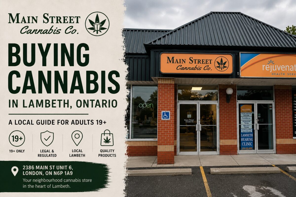 Buying cannabis in Lambeth, Ontario with Main Street Cannabis Co. shop front.