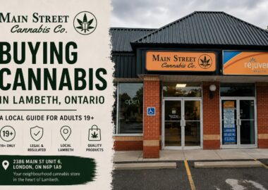 Buying cannabis in Lambeth, Ontario with Main Street Cannabis Co. shop front.